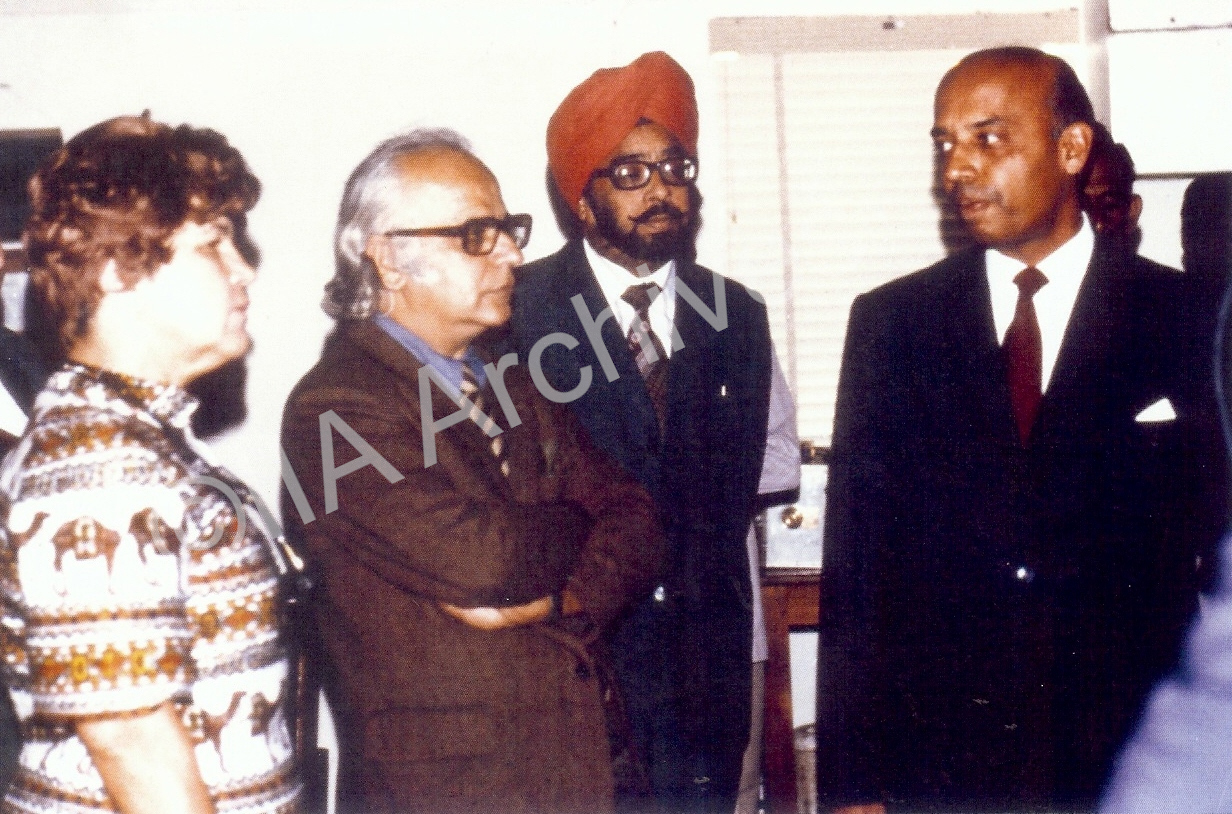 Prof. Yash Pal (2nd from left) with Prof. M. K. Vainu Bappu on the observing floor of the 40 inch telescope at Kavalur-1976